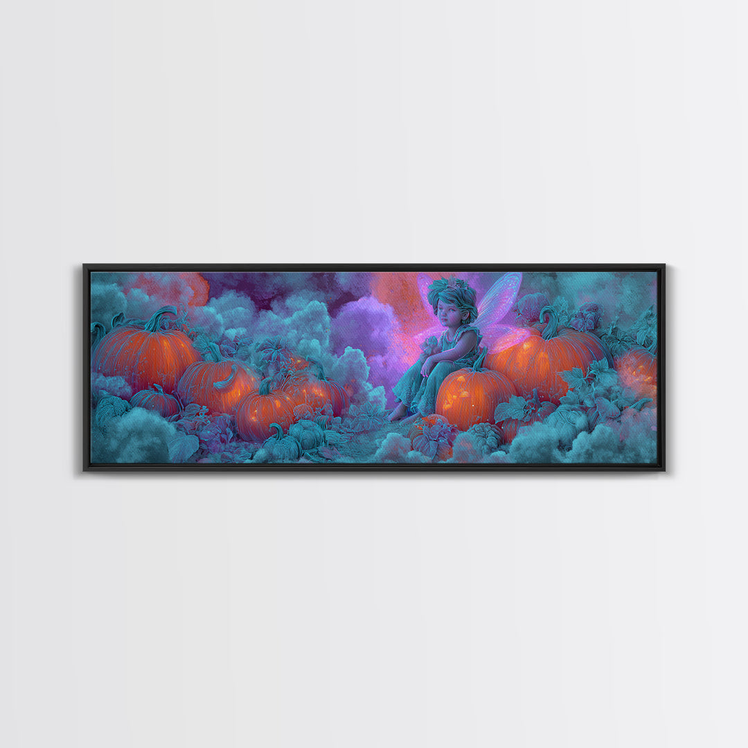 The Pumpkin Fairy Garden, Synthwave Halloween Art, Extra Wide Wall Art, Canvas Print, Retro Halloween Decor, Neon Wall Art, Horror Wall Art