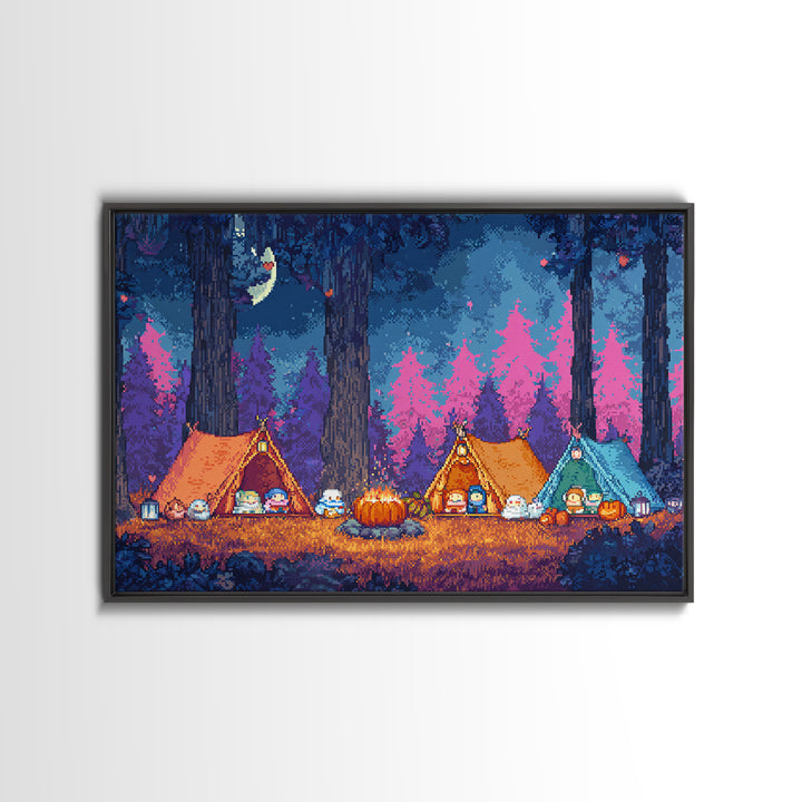 The Pumpkin Campout, Synthwave Halloween Art, Landscape Wall Art, Framed Canvas Print, Retro Halloween Decor, Neon Wall Art