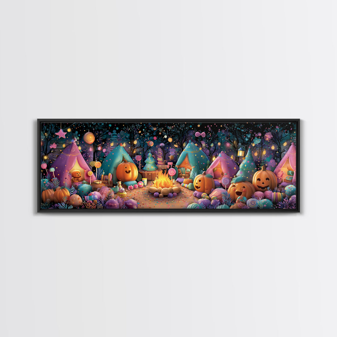 The Pumpkin Campout, Vaporwave Halloween Decor, Extra Wide Wall Art, Canvas Print, Retro Halloween Decor, Neon Wall Art, Statement Wall Art