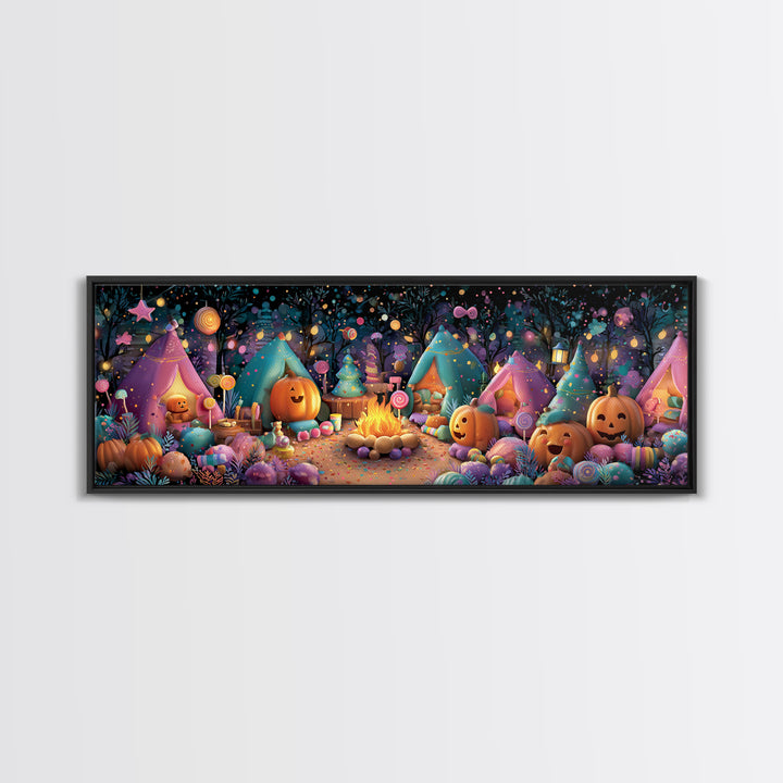 The Pumpkin Campout, Vaporwave Halloween Decor, Extra Wide Wall Art, Canvas Print, Retro Halloween Decor, Neon Wall Art, Statement Wall Art