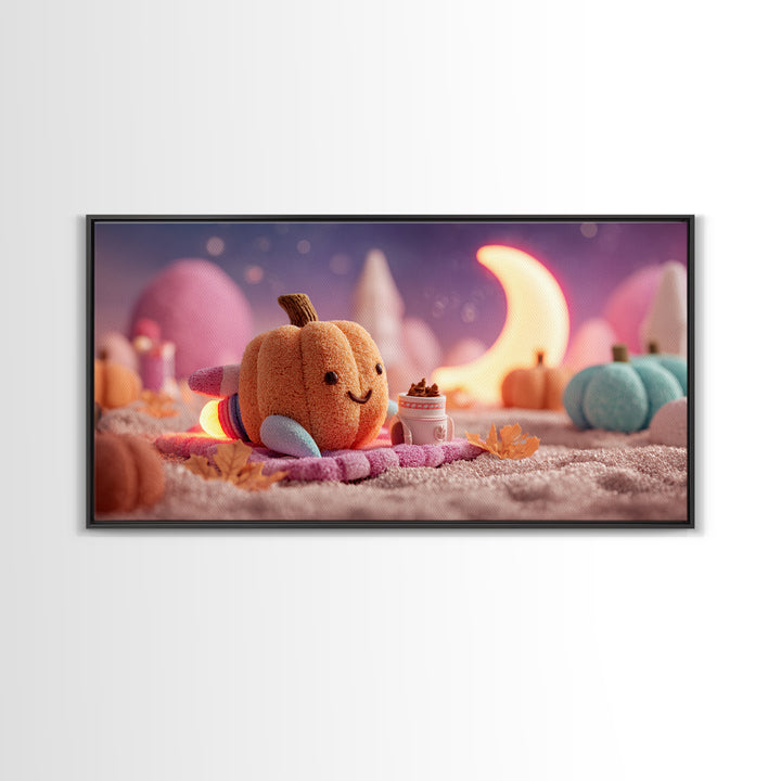 The Pumpkin Rocket Ship, Synthwave Halloween Art, Wide Panoramic Art, Framed Canvas Print, Retro Halloween Decor, Neon Wall Art