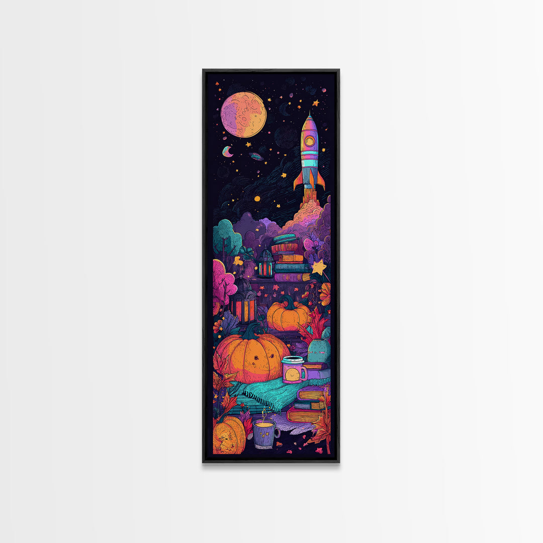 The Pumpkin Rocket Ship, 80s Halloween Wall Art, Tall Narrow Wall Art, Framed Canvas Print, Retro Halloween Decor, Neon Wall Art