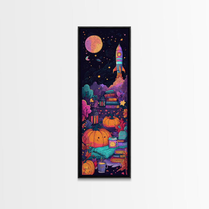The Pumpkin Rocket Ship, 80s Halloween Wall Art, Tall Narrow Wall Art, Framed Canvas Print, Retro Halloween Decor, Neon Wall Art