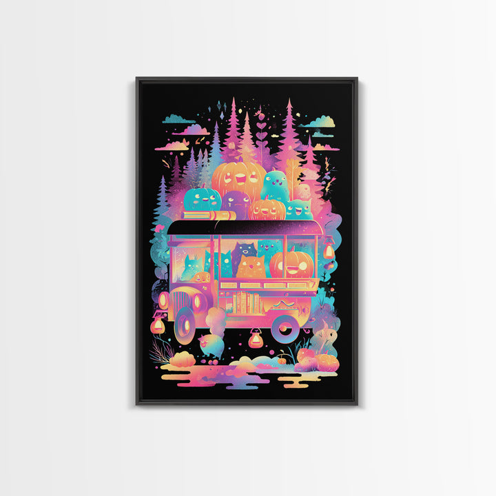 The Pumpkin Bookmobile, Synthwave Halloween Art, Vertical Wall Art, Framed Canvas Print, Retro Halloween Decor, Neon Wall Art