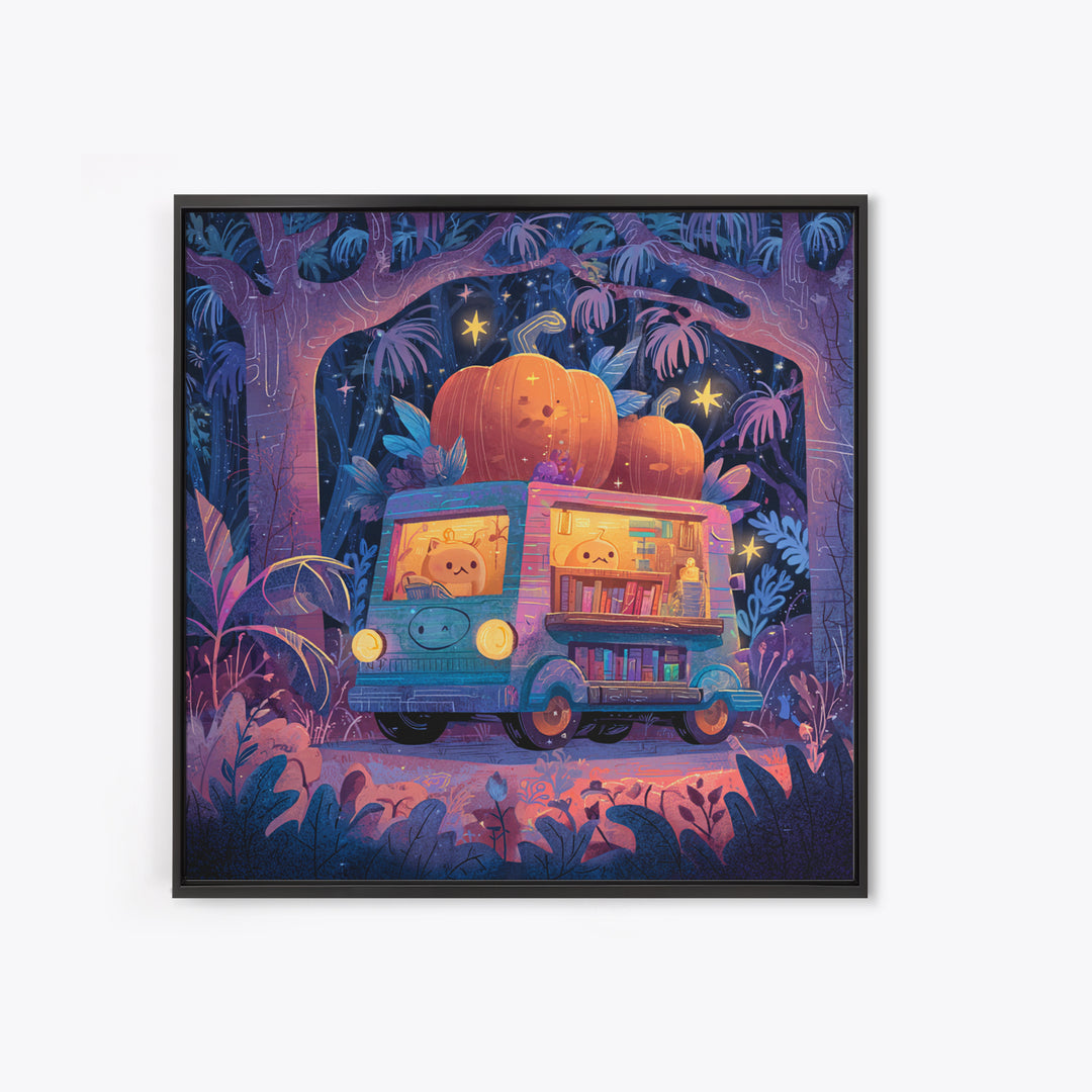 The Pumpkin Bookmobile, Synthwave Halloween Art, Square Wall Art, Framed Canvas Print, Retro Halloween Decor, Neon Wall Art