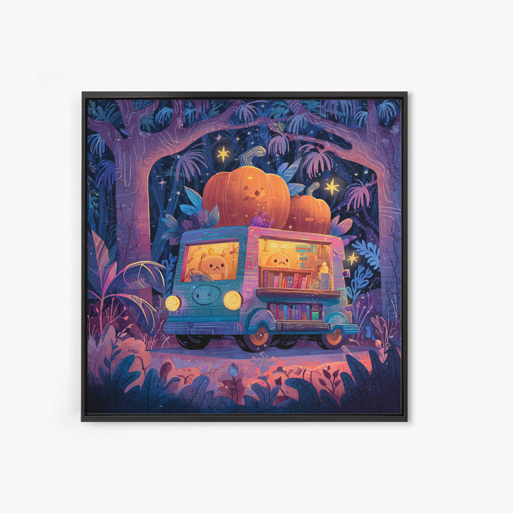 The Pumpkin Bookmobile, Synthwave Halloween Art, Square Wall Art, Framed Canvas Print, Retro Halloween Decor, Neon Wall Art