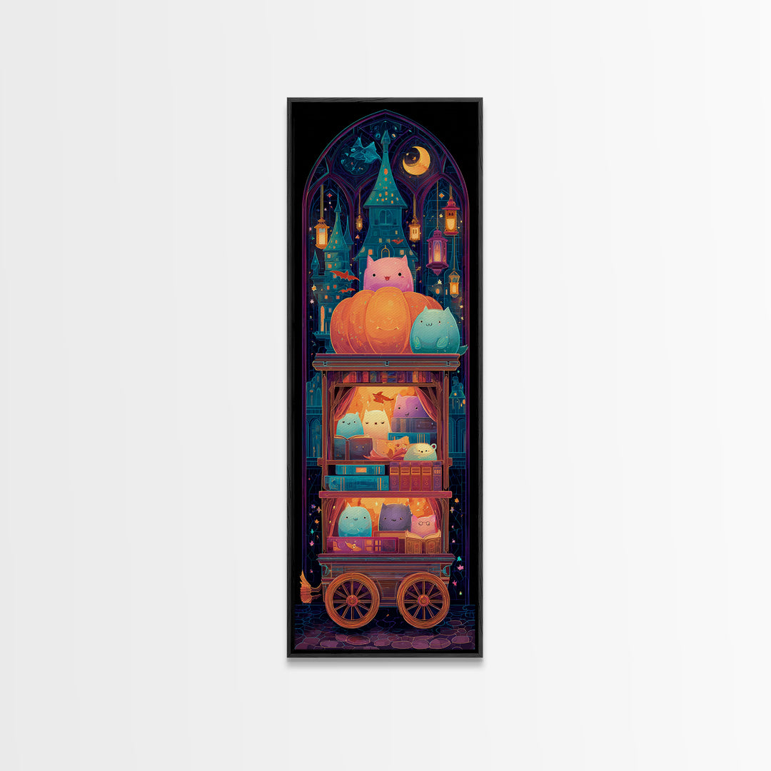 The Pumpkin Bookmobile, Retro Neon Halloween Art, Tall Narrow Wall Art, Canvas Print, Retro Halloween Decor, Neon Wall Art, Dark Fantasy Art