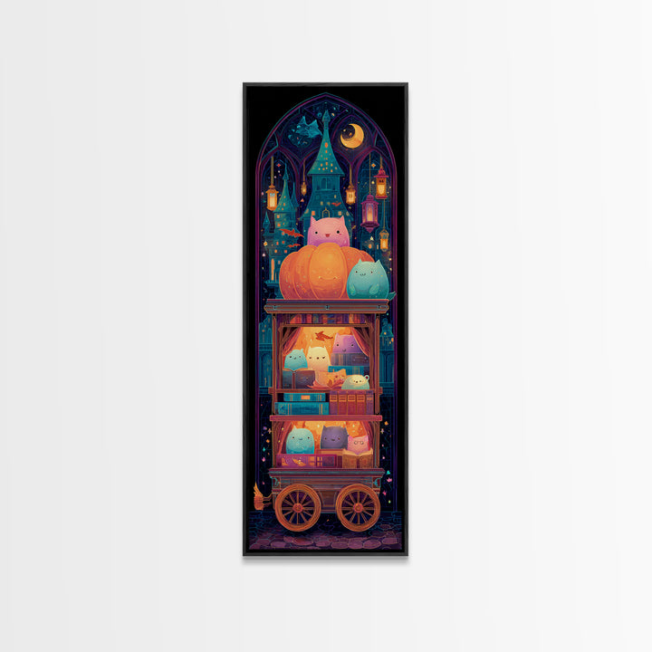 The Pumpkin Bookmobile, Retro Neon Halloween Art, Tall Narrow Wall Art, Canvas Print, Retro Halloween Decor, Neon Wall Art, Dark Fantasy Art