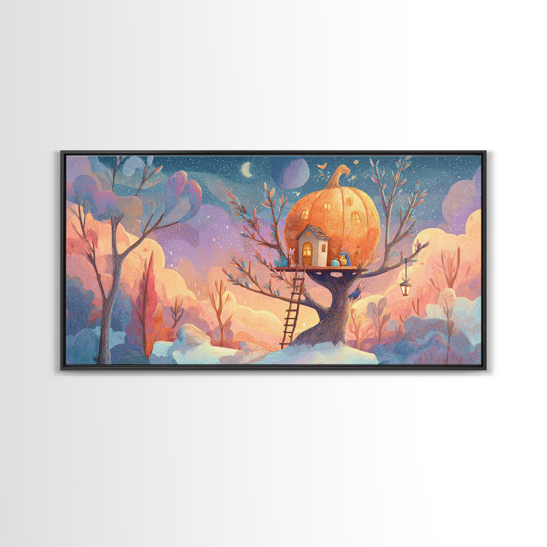 The Pumpkin Treehouse, Cute Spooky Neon Art, Wide Panoramic Art, Framed Canvas Print, Retro Halloween Decor, Neon Wall Art
