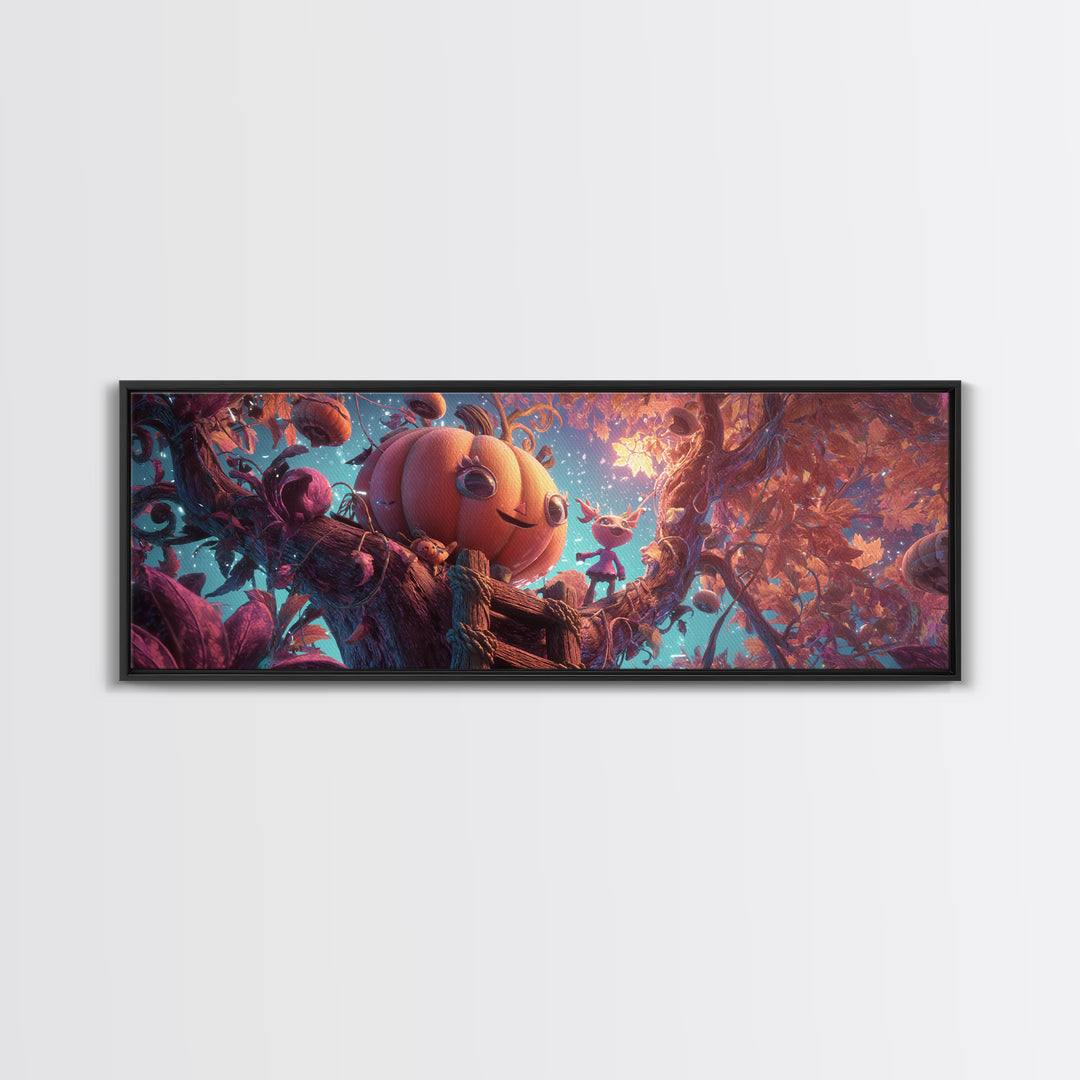 The Pumpkin Treehouse, Vaporwave Halloween Decor, Extra Wide Wall Art, Canvas Print, Retro Halloween Decor, Neon Wall Art