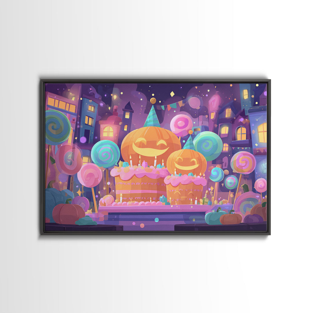 The Great Pumpkin Birthday Party, Cute Spooky Neon Art, Landscape Wall Art, Canvas Print, Retro Halloween Decor, Neon Wall Art