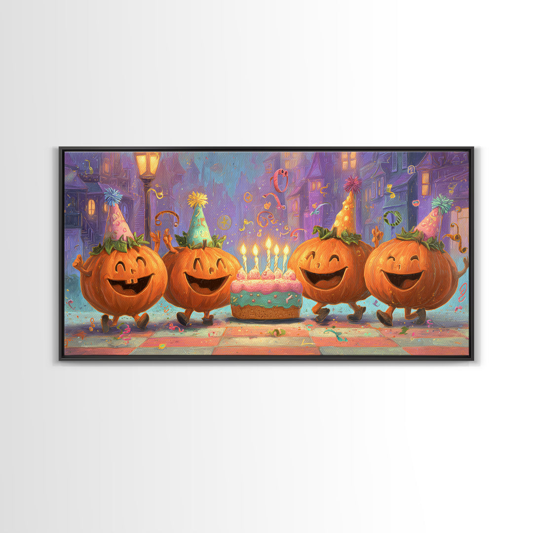 The Great Pumpkin Birthday Party, 80s Halloween Wall Art, Wide Panoramic Art, Framed Canvas Print, Retro Halloween Decor, Neon Wall Art