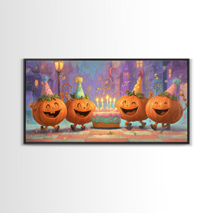 The Great Pumpkin Birthday Party, 80s Halloween Wall Art, Wide Panoramic Art, Framed Canvas Print, Retro Halloween Decor, Neon Wall Art