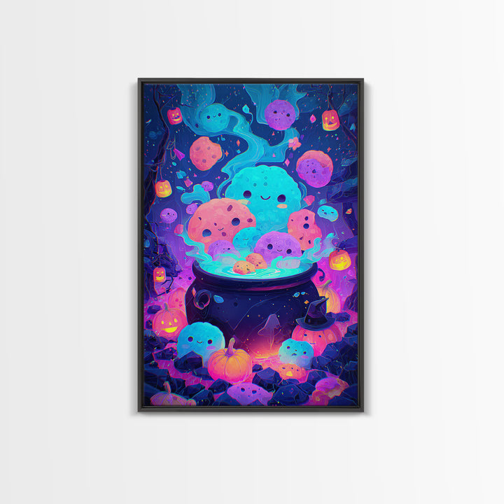 The Cookie Cauldron, Synthwave Halloween Art, Vertical Wall Art, Framed Canvas Print, Retro Halloween Decor, Neon Wall Art, Horror Wall Art