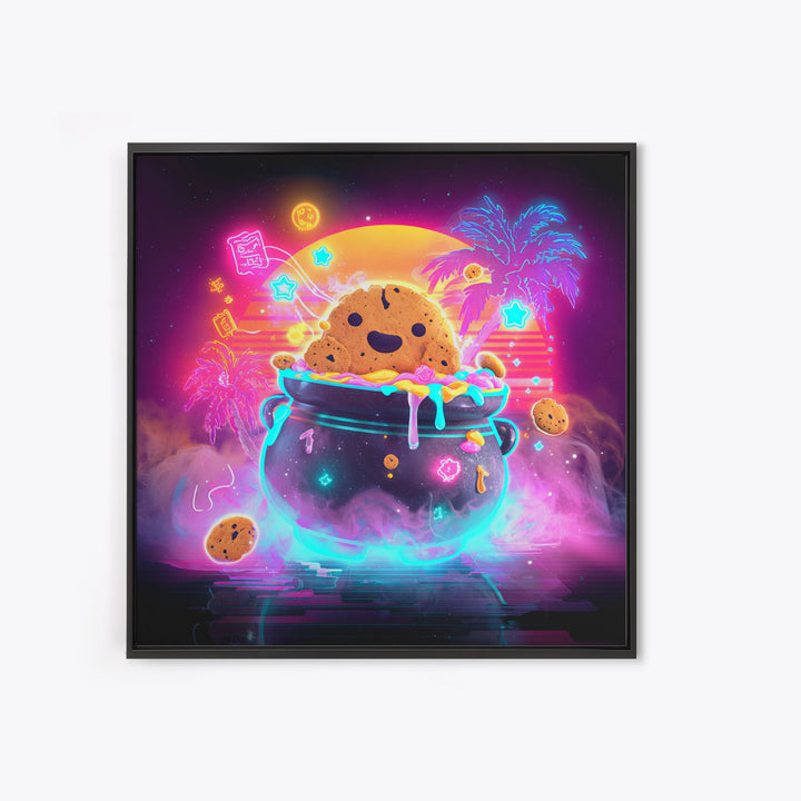 The Cookie Cauldron, Vaporwave Halloween Decor, Square Wall Art, Framed Canvas Print, Retro Halloween Decor, Neon Wall Art