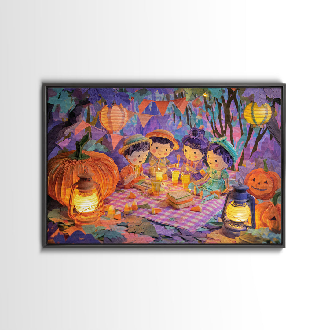 The Candy Corn Picnic, Cute Spooky Neon Art, Landscape Wall Art, Canvas Print, Retro Halloween Decor, Neon Wall Art, Collectible Wall Decor