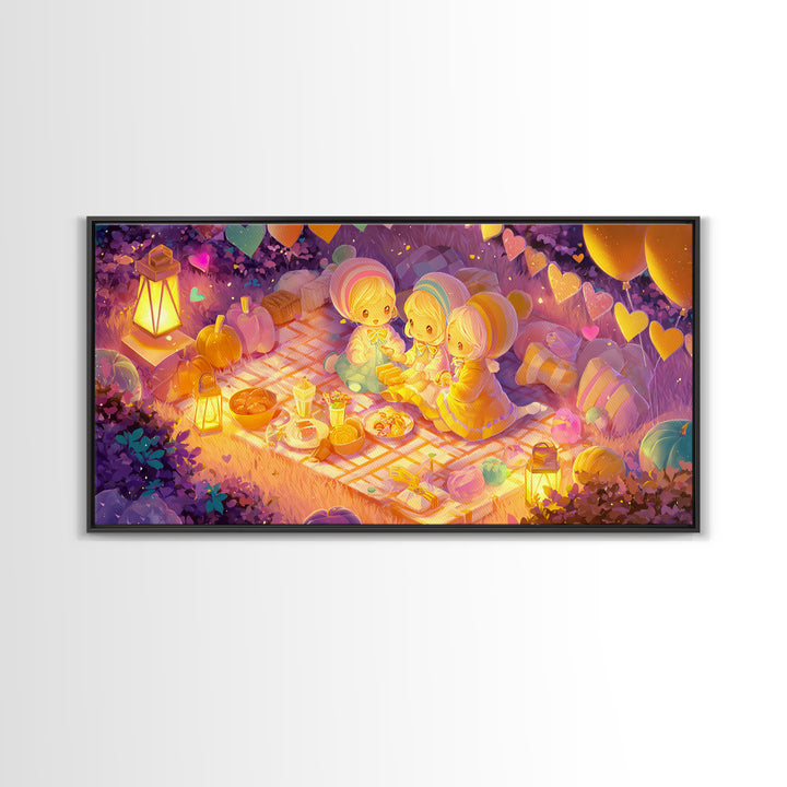 The Candy Corn Picnic, Synthwave Halloween Art, Wide Panoramic Art, Framed Canvas Print, Retro Halloween Decor, Neon Wall Art