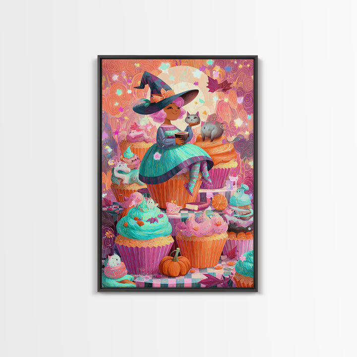 The Cupcake Costume Contest, Cute Spooky Neon Art, Vertical Wall Art, Canvas Print, Retro Halloween Decor, Neon Wall Art, Halloween Wall Art