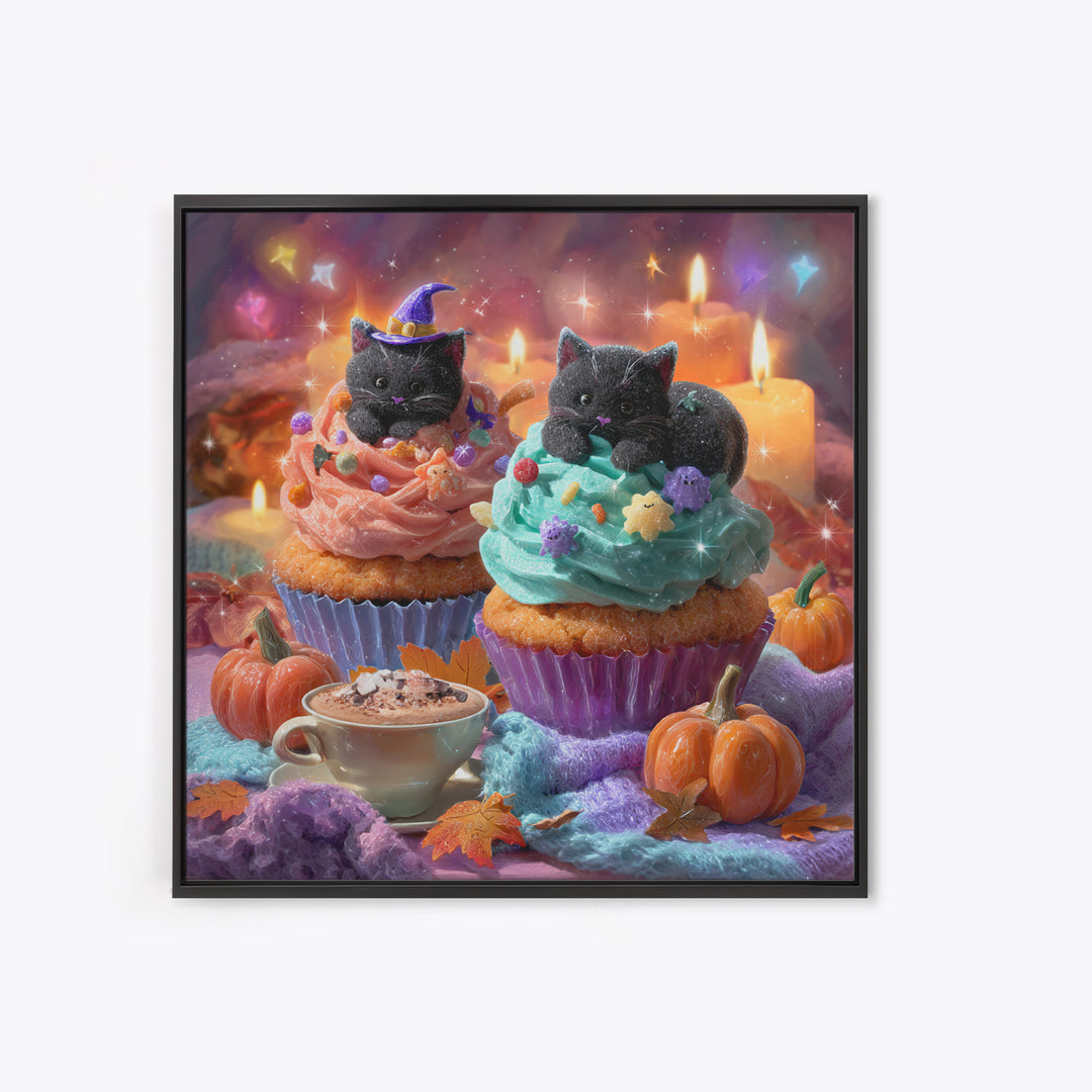 The Cupcake Costume Contest, Vaporwave Halloween Decor, Square Wall Art, Framed Canvas Print, Retro Halloween Decor, Neon Wall Art