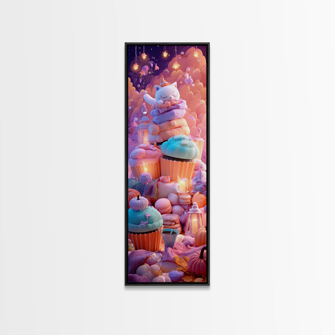The Cupcake Costume Contest, Vaporwave Halloween Decor, Tall Narrow Wall Art, Canvas Print, Retro Halloween Decor, Neon Wall Art