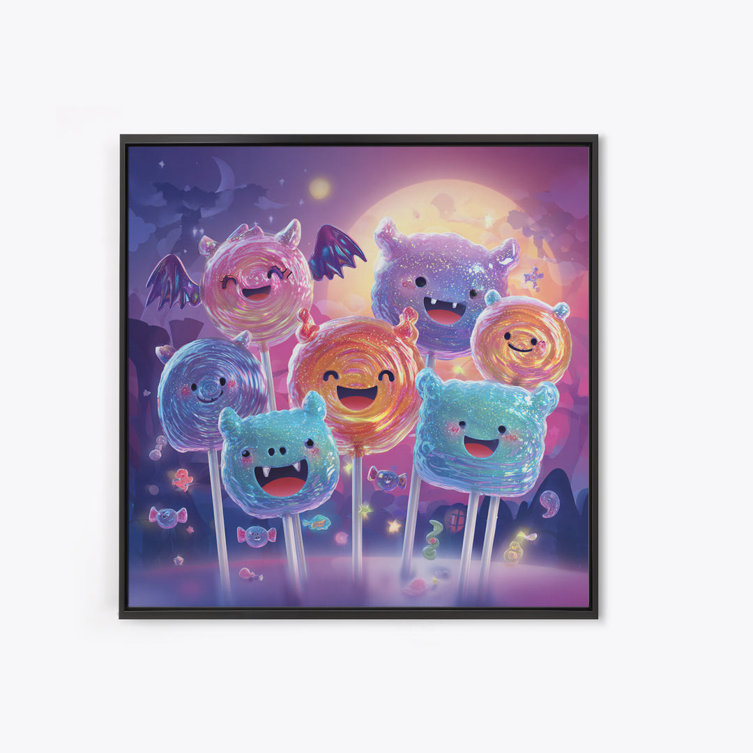 The Friendly Lollipop Monsters, Retro Neon Halloween Art, Square Wall Art, Framed Canvas Print, Retro Halloween Decor, Neon Wall Art