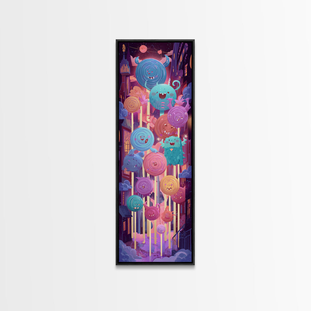 The Friendly Lollipop Monsters, Cute Spooky Neon Art, Tall Narrow Wall Art, Framed Canvas Print, Retro Halloween Decor, Neon Wall Art