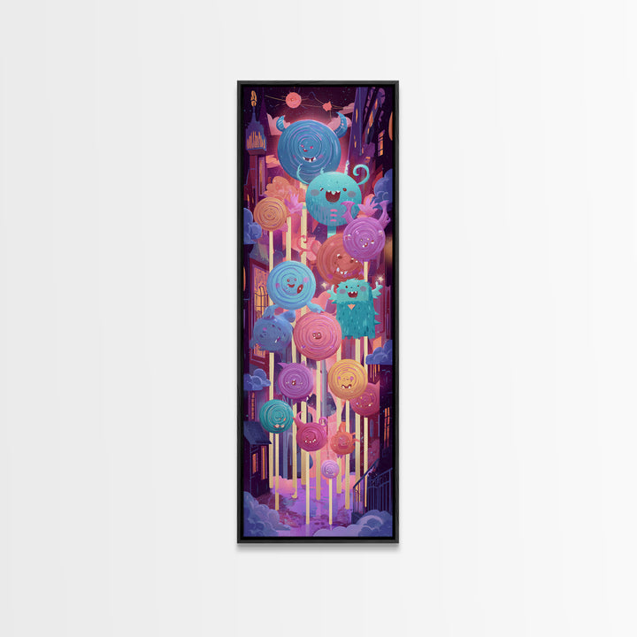 The Friendly Lollipop Monsters, Cute Spooky Neon Art, Tall Narrow Wall Art, Framed Canvas Print, Retro Halloween Decor, Neon Wall Art