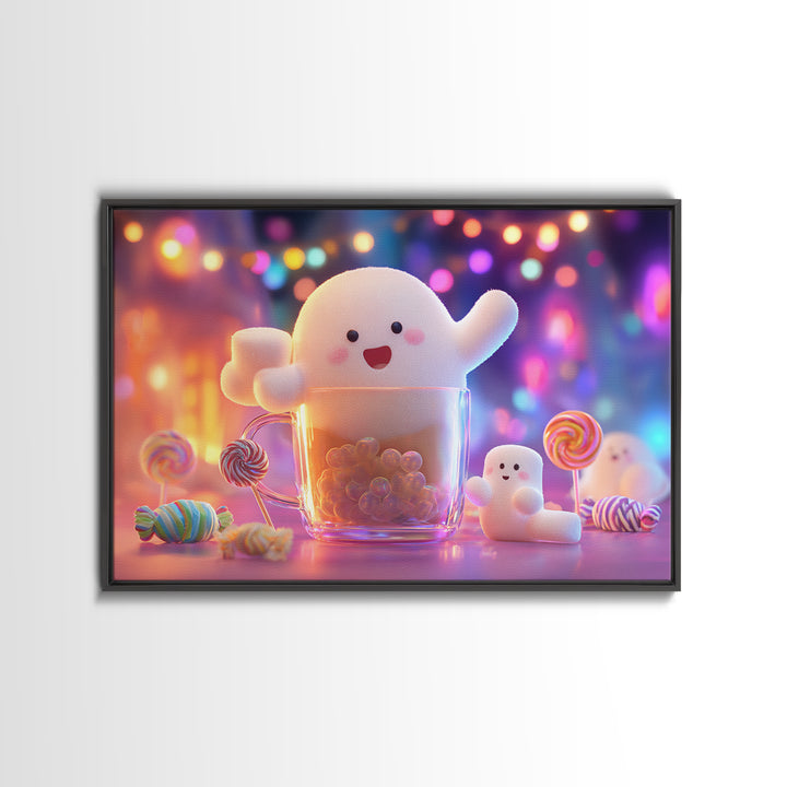 The Marshmallow Ghost Choir, Synthwave Halloween Art, Landscape Wall Art, Canvas Print, Retro Halloween Decor, Neon Wall Art