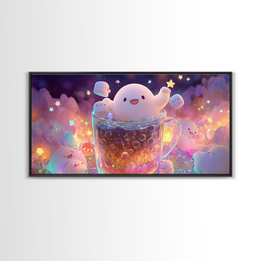 The Marshmallow Ghost Choir, 80s Halloween Wall Art, Wide Panoramic Art, Framed Canvas Print, Retro Halloween Decor, Neon Wall Art