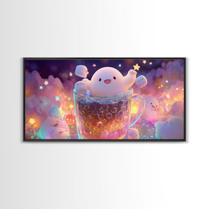 The Marshmallow Ghost Choir, 80s Halloween Wall Art, Wide Panoramic Art, Framed Canvas Print, Retro Halloween Decor, Neon Wall Art