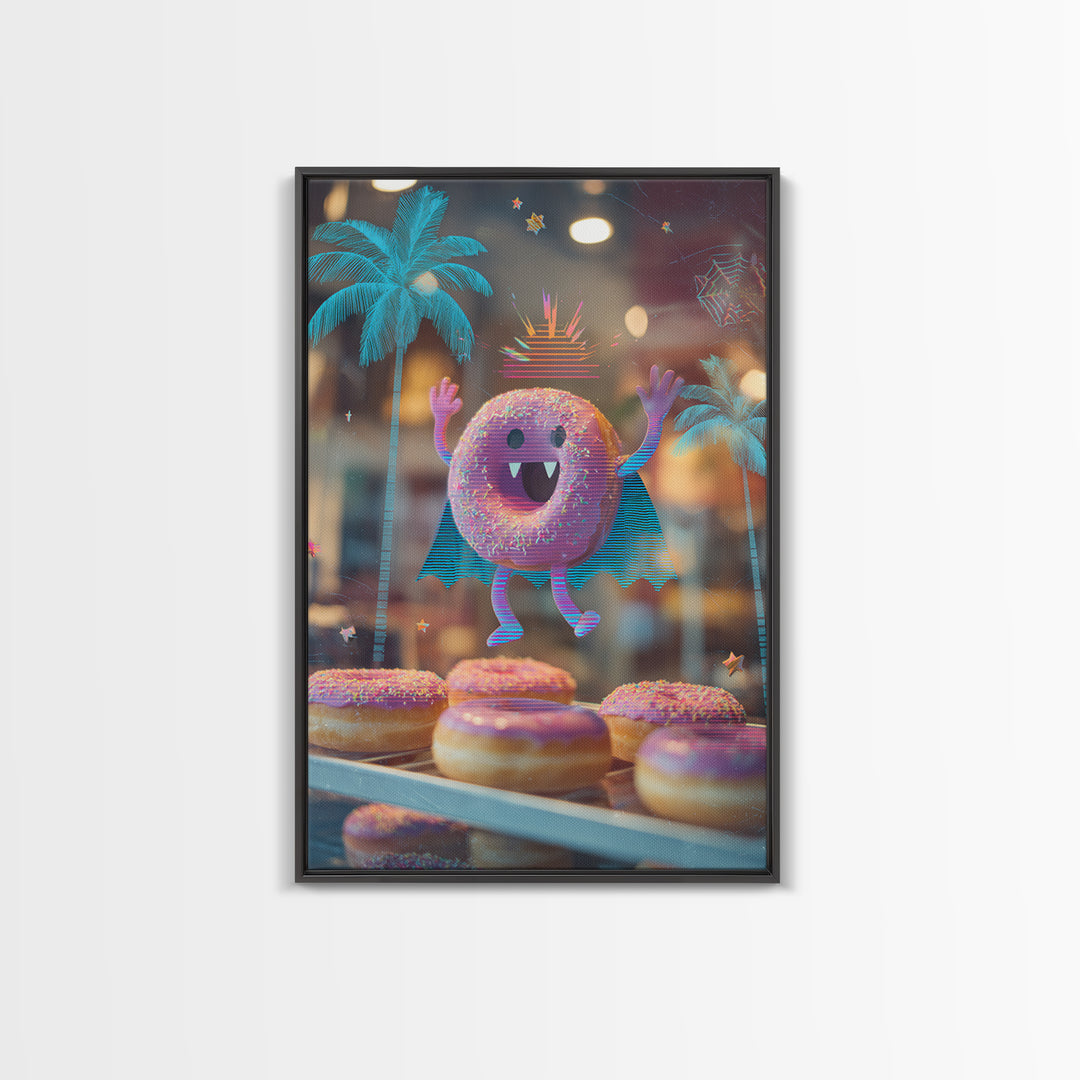 The Donut Vampire Family, Vaporwave Halloween Decor, Vertical Wall Art, Canvas Print, Retro Halloween Decor, Neon Wall Art, Macabre Wall Art