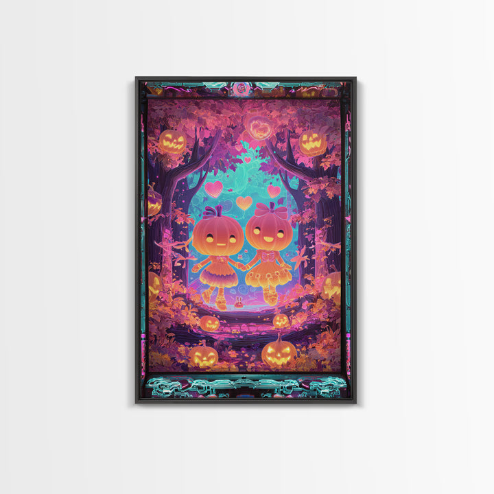 The Caramel Apple Friends, Synthwave Halloween Art, Vertical Wall Art, Framed Canvas Print, Retro Halloween Decor, Neon Wall Art