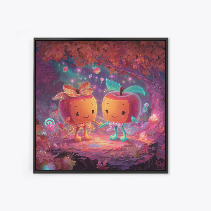 The Caramel Apple Friends, Cute Spooky Neon Art, Square Wall Art, Framed Canvas Print, Retro Halloween Decor, Neon Wall Art