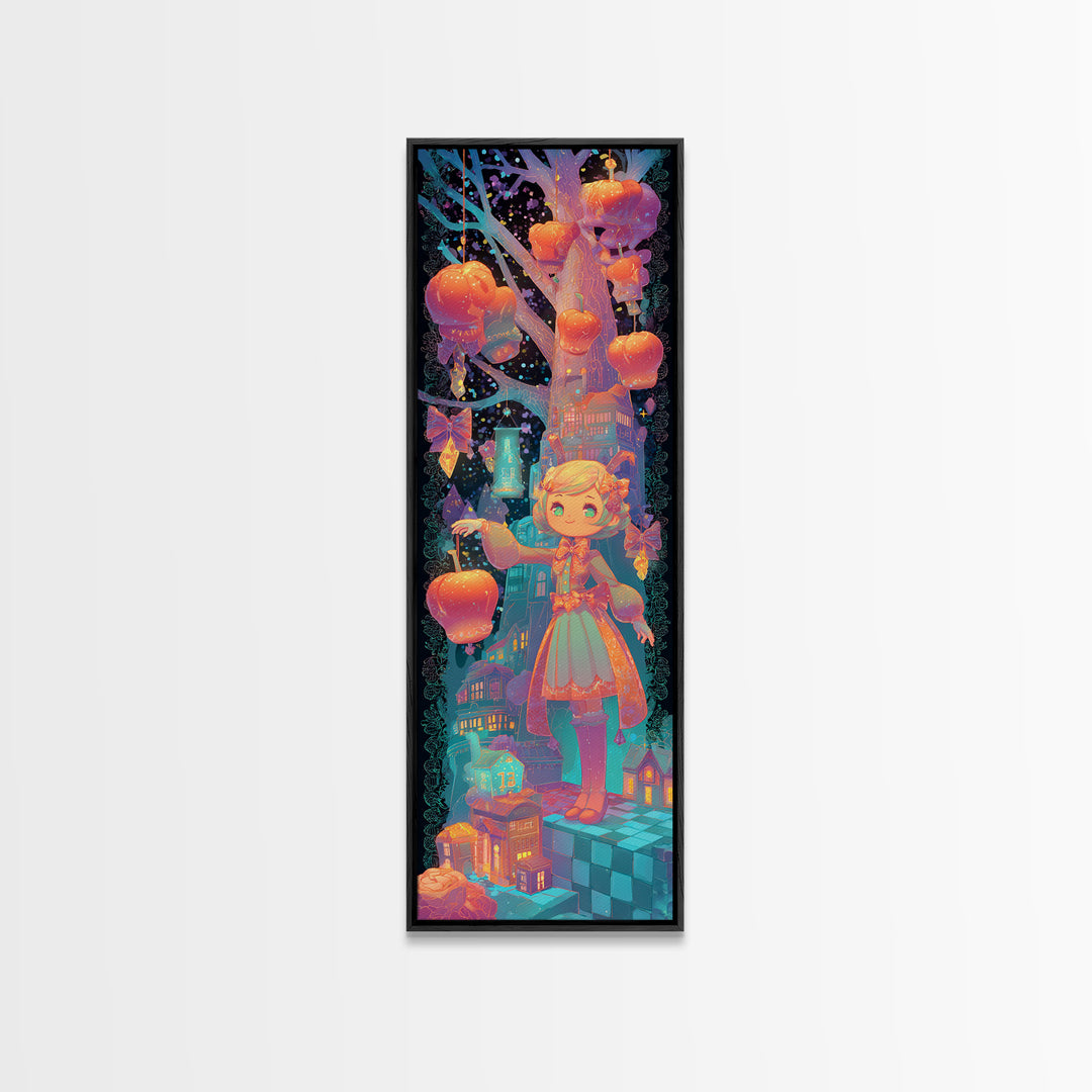 The Caramel Apple Friends, Synthwave Halloween Art, Tall Narrow Wall Art, Canvas Print, Retro Halloween Decor, Neon Wall Art