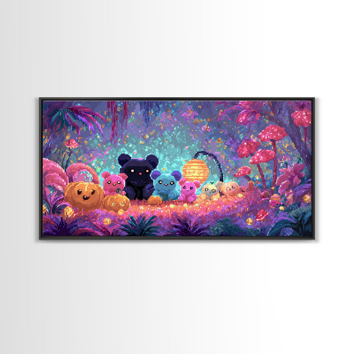 The Gummy Bat Garden, 80s Halloween Wall Art, Wide Panoramic Art, Framed Canvas Print, Retro Halloween Decor, Neon Wall Art