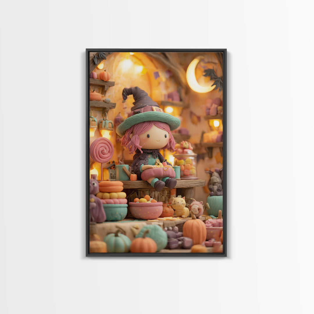The Candy Witch'S Kitchen, Cute Spooky Neon Art, Vertical Wall Art, Framed Canvas Print, Retro Halloween Decor, Neon Wall Art