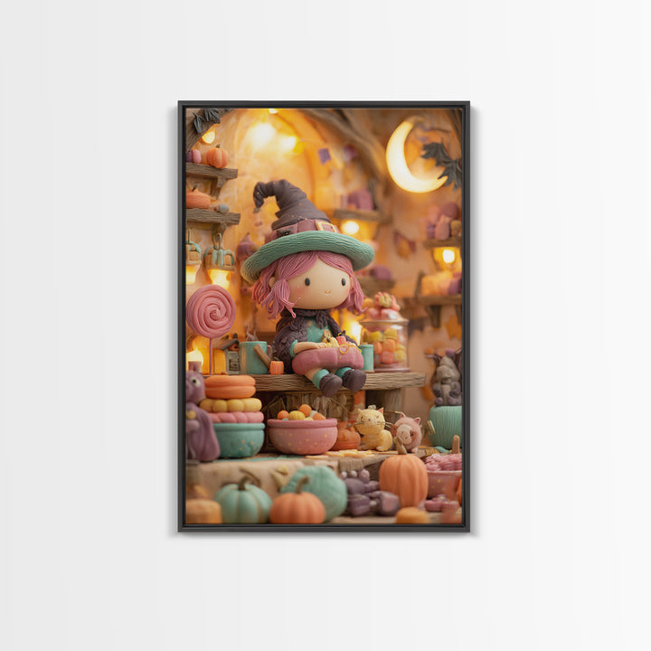 The Candy Witch'S Kitchen, Cute Spooky Neon Art, Vertical Wall Art, Framed Canvas Print, Retro Halloween Decor, Neon Wall Art