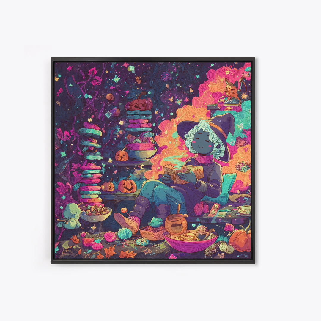 The Candy Witch'S Kitchen, Retro Neon Halloween Art, Square Wall Art, Canvas Print, Retro Halloween Decor, Neon Wall Art, Macabre Wall Art