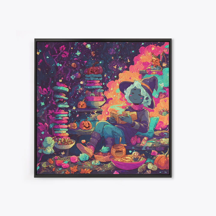The Candy Witch'S Kitchen, Retro Neon Halloween Art, Square Wall Art, Canvas Print, Retro Halloween Decor, Neon Wall Art, Macabre Wall Art