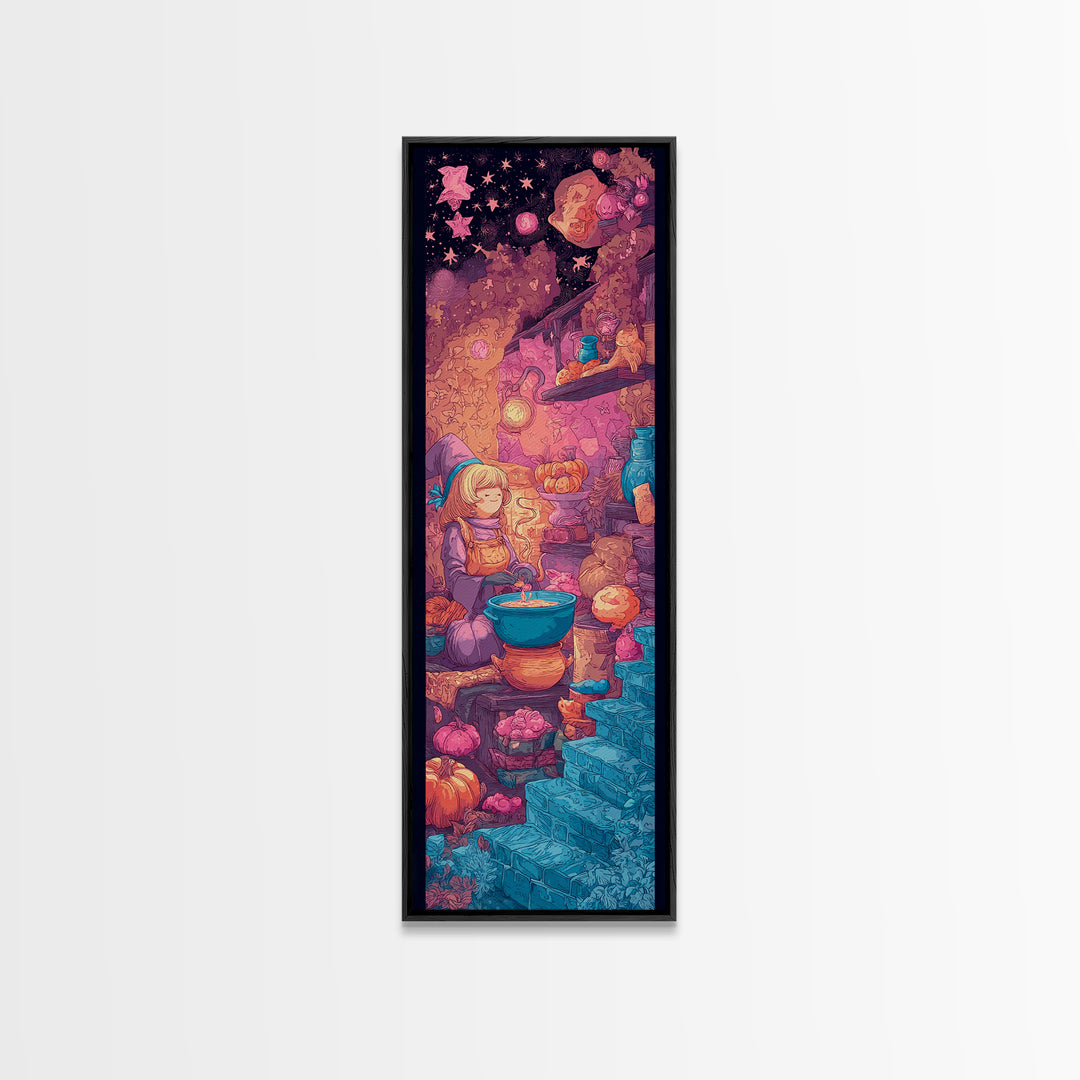 The Candy Witch'S Kitchen, Vaporwave Halloween Decor, Tall Narrow Wall Art, Framed Canvas Print, Retro Halloween Decor, Neon Wall Art