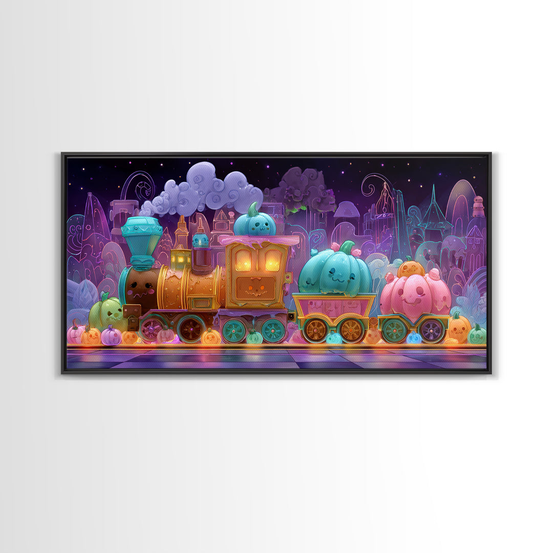The Chocolate Pumpkin Train, 80s Halloween Wall Art, Wide Panoramic Art, Canvas Print, Retro Halloween Decor, Neon Wall Art
