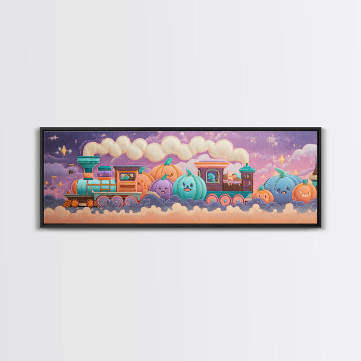 The Chocolate Pumpkin Train, 80s Halloween Wall Art, Extra Wide Wall Art, Framed Canvas Print, Retro Halloween Decor, Neon Wall Art