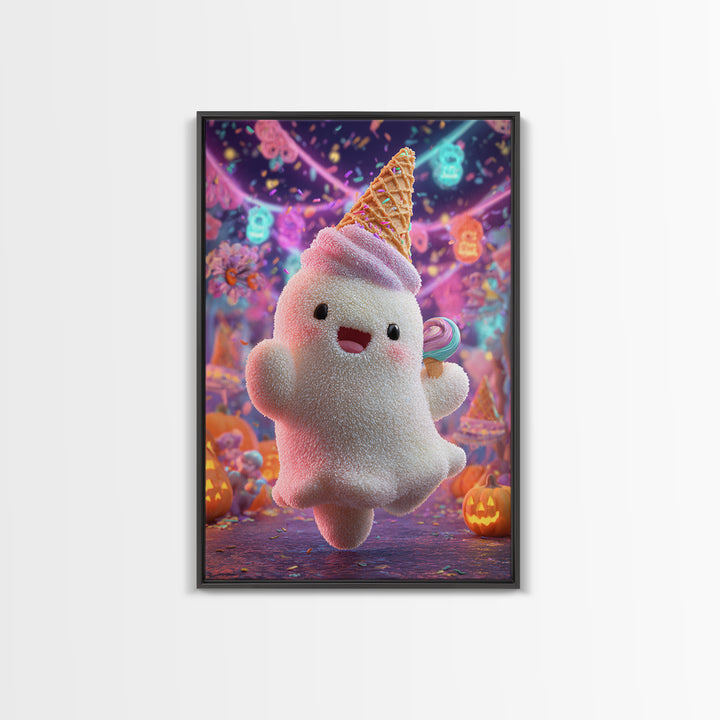 The Ice-Cream Ghost Parade, 80s Halloween Wall Art, Vertical Wall Art, Canvas Print, Retro Halloween Decor, Neon Wall Art, Dark Fantasy Art