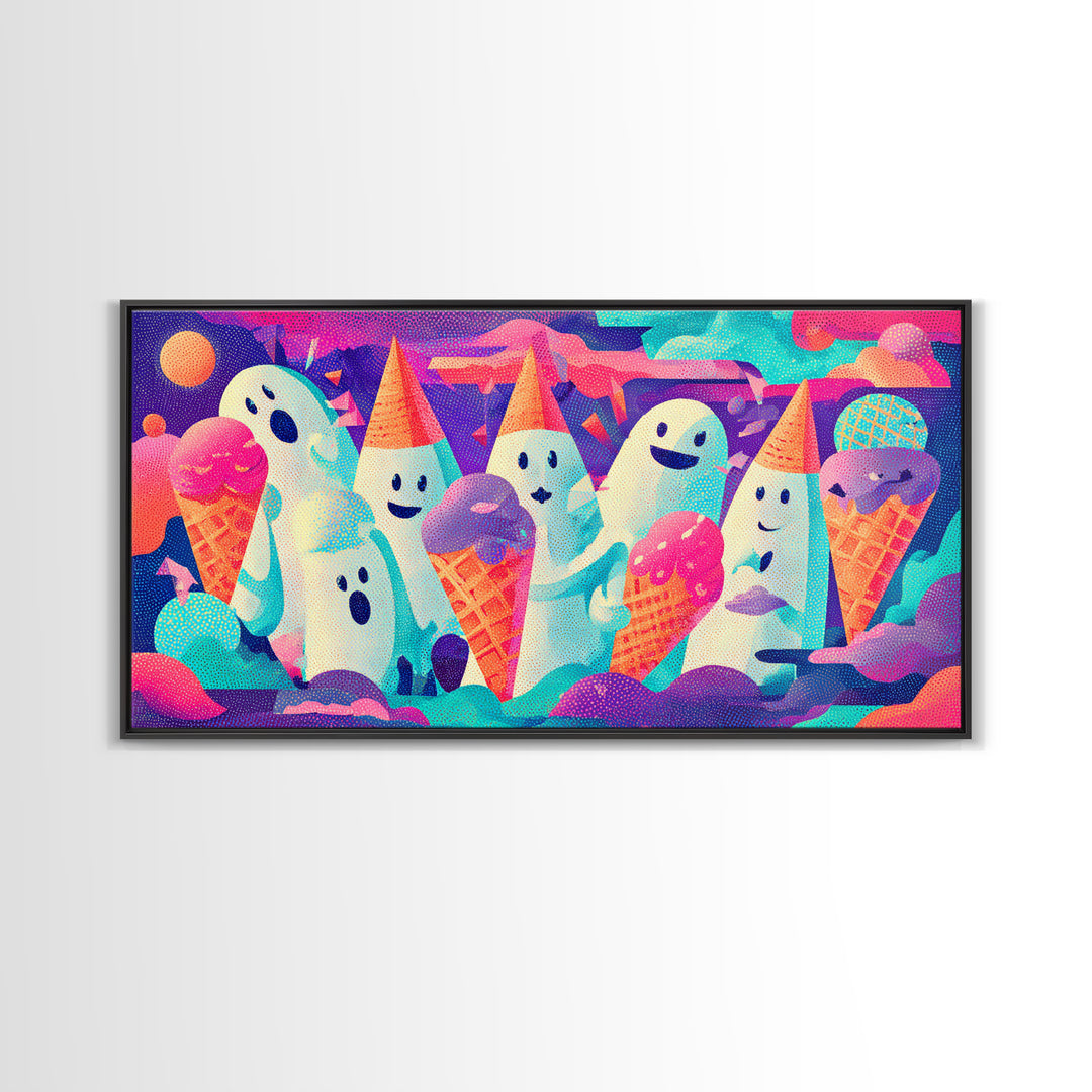 The Ice-Cream Ghost Parade, Vaporwave Halloween Decor, Wide Panoramic Art, Framed Canvas Print, Retro Halloween Decor, Neon Wall Art