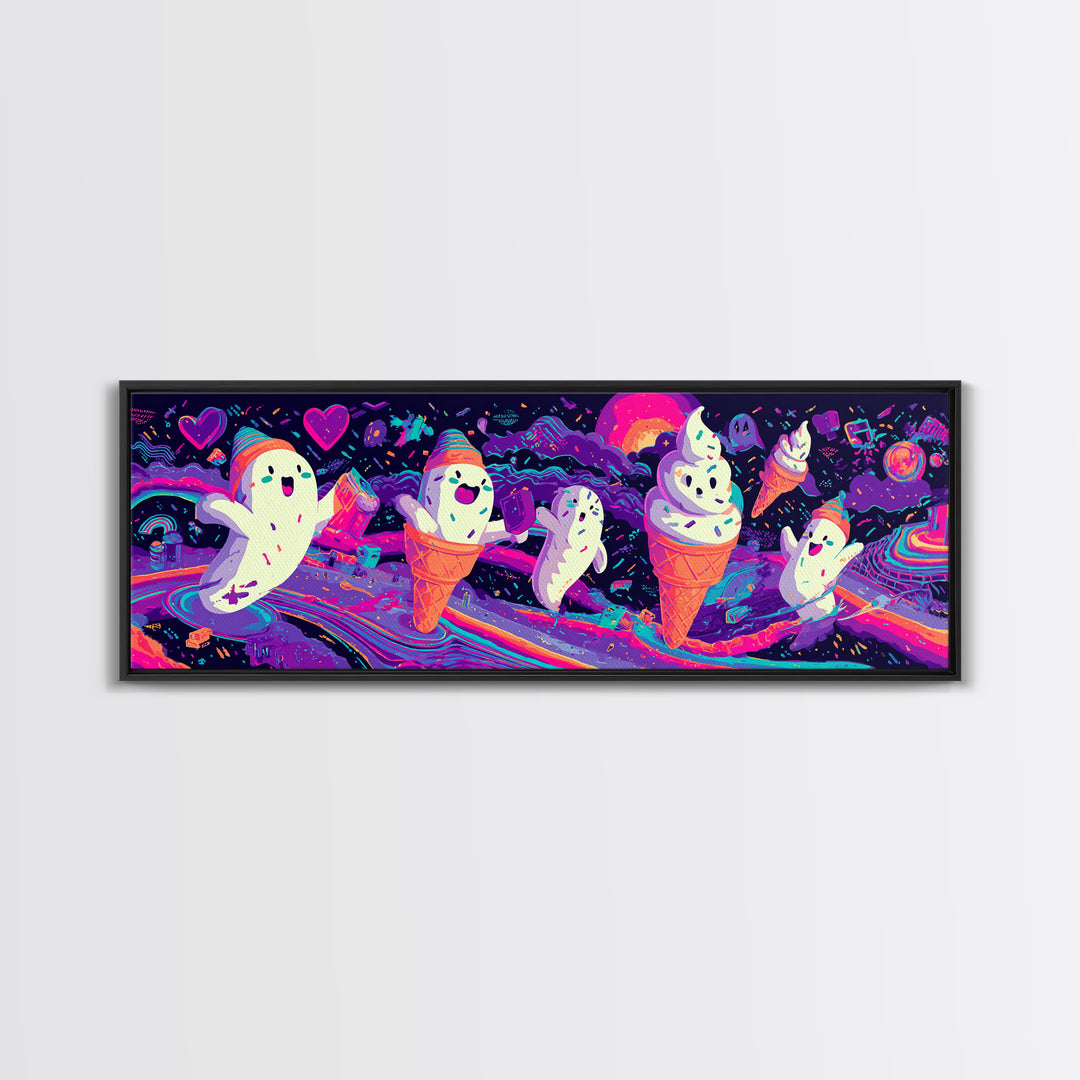 The Ice-Cream Ghost Parade, Retro Neon Halloween Art, Extra Wide Wall Art, Framed Canvas Print, Retro Halloween Decor, Neon Wall Art