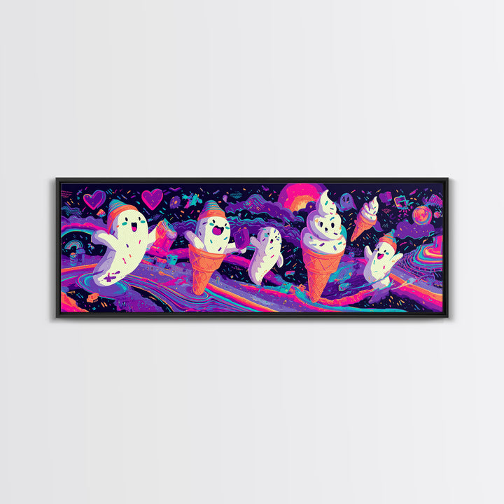 The Ice-Cream Ghost Parade, Retro Neon Halloween Art, Extra Wide Wall Art, Framed Canvas Print, Retro Halloween Decor, Neon Wall Art