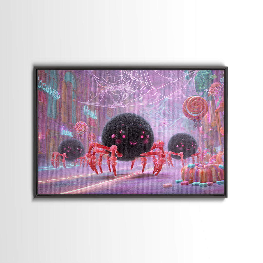 The Licorice Spider Family, Vaporwave Halloween Decor, Landscape Wall Art, Canvas Print, Retro Halloween Decor, Neon Wall Art