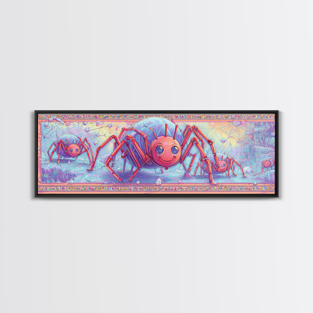 The Licorice Spider Family, Cute Spooky Neon Art, Extra Wide Wall Art, Framed Canvas Print, Retro Halloween Decor, Neon Wall Art
