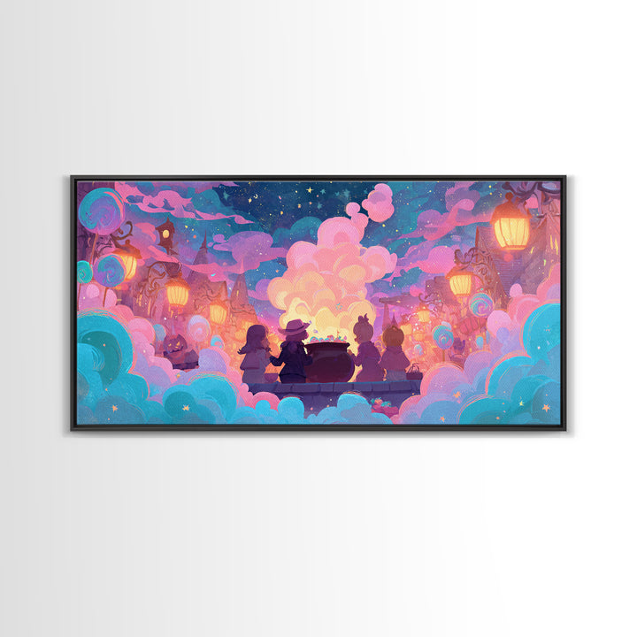 The Cotton-Candy Cauldron, Retro Neon Halloween Art, Wide Panoramic Art, Canvas Print, Retro Halloween Decor, Neon Wall Art
