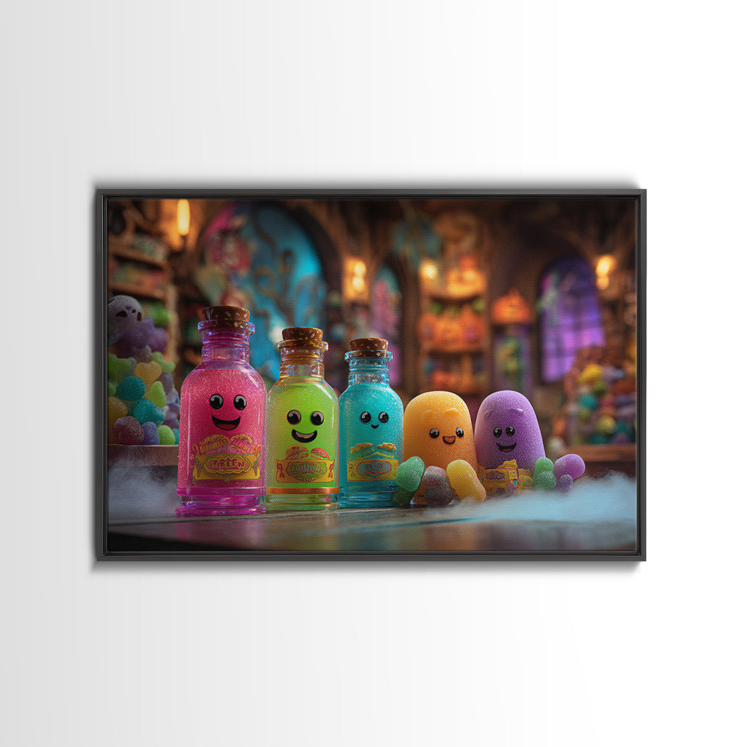 The Jellybean Potion Shop, Retro Neon Halloween Art, Landscape Wall Art, Canvas Print, Retro Halloween Decor, Neon Wall Art